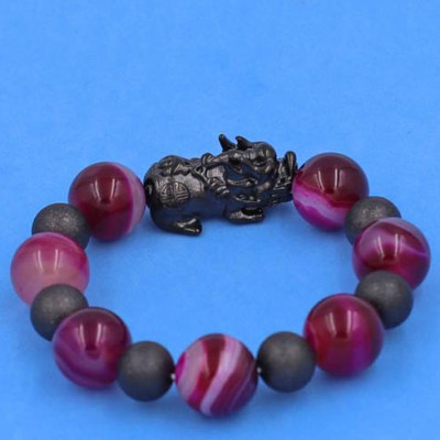 Chuỗi tay Tỳ Hưu inox mix Thạch Anh Hồng Sọc size 16 ly phối 6 bi - hợp mệnh Hỏa, mệnh Thổ - Chuỗi size XXL