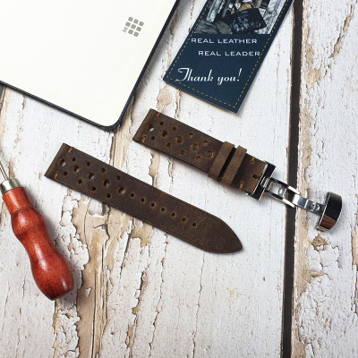 [Da thật] Dây đồng hồ handmade da bò sáp AL116 (Nâu) (Kèm hộp + phụ kiện) Size 20/Size 22 - 100% da bò thật