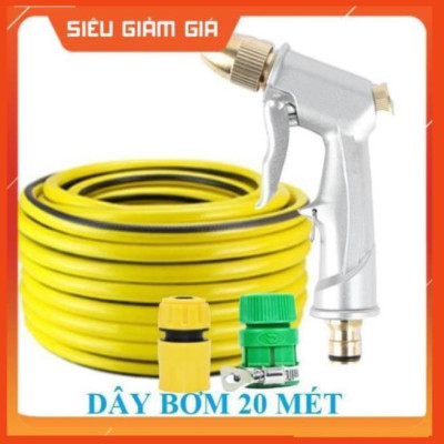 Bộ dây vòi xịt nước rửa xe, tưới cây . tăng áp 3 lần, loại 20m 206701 đầu đồng, cút, nối PE
