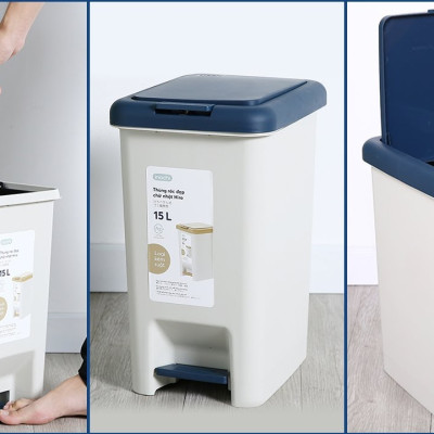 [Loại Kèm Ruột] Thùng rác đạp chữ nhật Hiro 15L (Tặng kèm Sticker) - Chính Hãng INOCHI