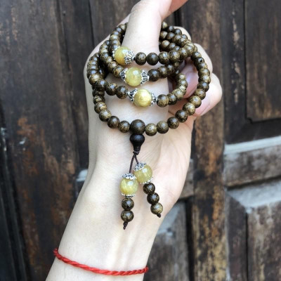 Vòng Tay Trầm Hương phối Đá Tóc Vàng cùng charm bạc thái - bình an, may mắn, tài lộc