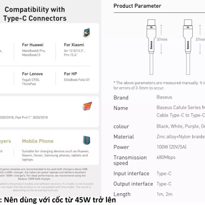 Cáp sạc C to C 100W Baseus Cafule Series Metal Data Cable - Hàng chính hãng