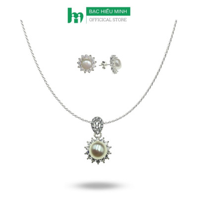Combo Dây Chuyền Hoa Tai Dây Xoắn Kép Và Ngọc Trai Nuôi Đính Đá Cao Cấp Chính Hãng BẠC HIỂU MINH BCB005