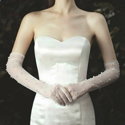 Găng tay trong suốt đính ngọc trai cho Cô dâu và Dạ hội, đi tiệc, sự kiện, lễ hội, chụp ảnh MS: 43645