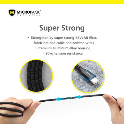Cáp Sạc MicroPack POWER LINK MC-CC23 Sạc Nhanh USB-C to C Dòng Điện Tối Đa 3A Dệt Bằng Sợi Kevlar Siêu Bền Hàng Chính Hãng