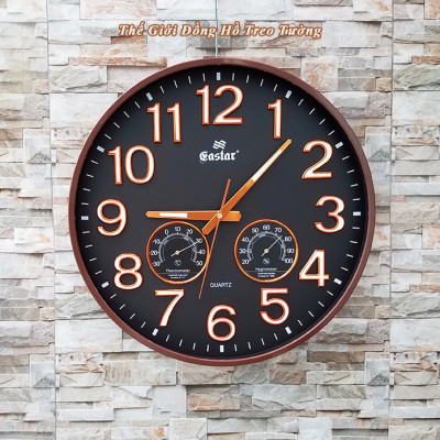 Đồng Hồ Treo Tường DECOR Trang Trí Nhà Hình Tròn Viền Mỏng 38cm EASTAR - Bộ Kim Số DẠ QUANG và NHIỆT ẨM KẾ TỰ ĐỘNG - Tặng Pin Maxell