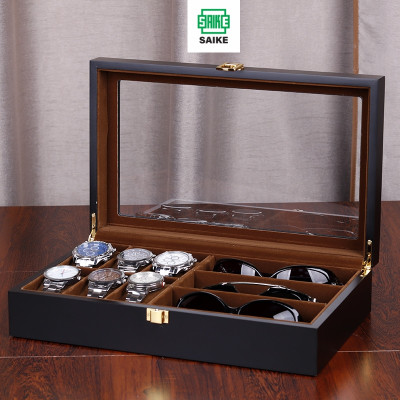 Hộp Đồng Hồ Và Mắt Kinh SAIKE SAIKE S6886 Mẫu Đựng 6 Đồng Hồ Và 3 Mắt Kính Vỏ Gỗ Cao Cấp Lót Nhung Màu Nâu