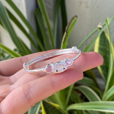 Lắc Tay, Vòng Tay Cho Bé Bạc Ta Nguyên Chất S99 Mèo Kitty Hồng Xinh Chính Hãng Bạc Hiểu Minh LTE555