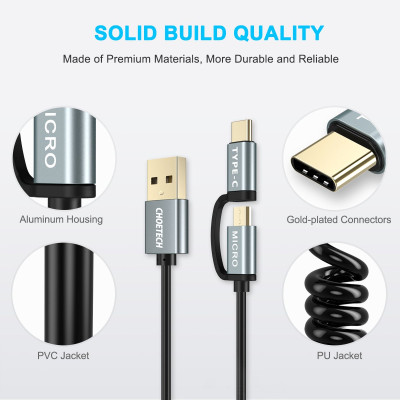 Bộ 2 Dây cáp sạc nhanh 2 in 1 Type-C và Micro USB dài 120CM hiệu CHOETECH MIX00021 (sạc nhanh 3A, sạc nhiều thiết bị, chip sạc thông minh, 1 dây lò xo & 1 dây thẳng) - Hàng chính hãng