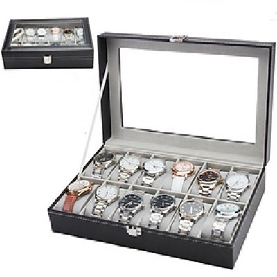 Hộp Đựng Đồng Hồ 12 Cái SAIKE S109 Vỏ Da Màu Đen Lót Xám