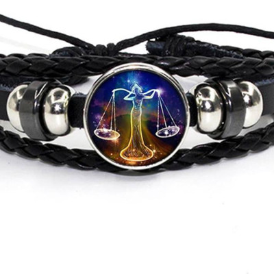 Vòng Đeo Tay Giả Cổ Dây Da Bệt Tết Phong Cách Retro Mặt Vòng Hình 12 Cung Hoàng Đạo Có Thể Điều Chỉnh Độ Rộng