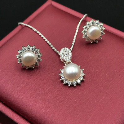 Combo Dây Chuyền Hoa Tai Dây Xoắn Kép Và Ngọc Trai Nuôi Đính Đá Cao Cấp Chính Hãng BẠC HIỂU MINH BCB005