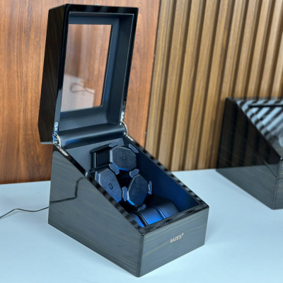 [BH 2 Năm Động Cơ] Hộp Đồng Hồ Cơ 3 Xoay + 3 Tĩnh Vỏ Gỗ Sơn Vân Gỗ Mun Có Đèn Led