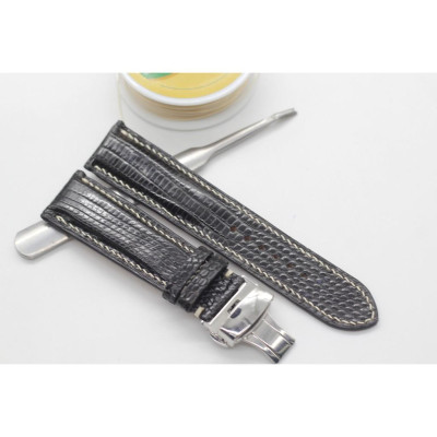 Dây da đồng hồ Kỳ Đà, Dây Đồng Hồ Handmade May Tay Thủ Công Phối Chỉ Trắng SH044