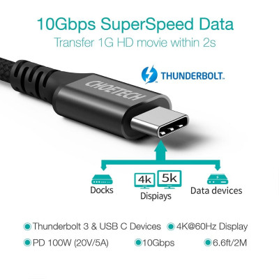 Cáp Choetech XCC-1007 Sạc Nhanh Type C To Type C 100W Thunderbolt 3.1 GEN 2  dài 2M (Hàng chính hãng)