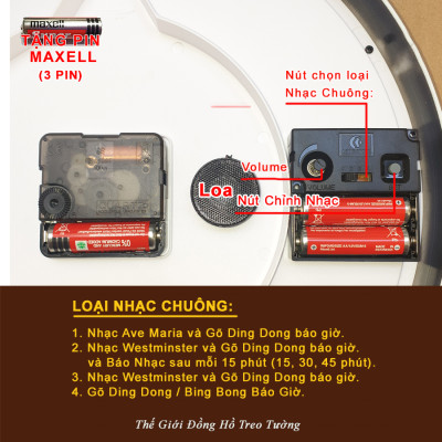 Đồng Hồ NHẠC CHUÔNG WESTMINSTER BÁO GIỜ - Máy EASTAR NHẬT KIM TRÔI - Số Nổi 3D - Viền Nâu Mặt Trắng - Kèm 03 Pin Maxell - Bảo Hành 1 Năm