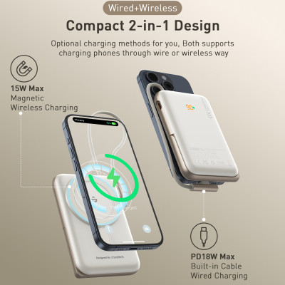 Pin sạc dự phòng Choetech B735 Mag-safe kèm chân đỡ và tích hợp dây cáp sạc Type C công suất 20w dung lượng 10000mAh (hàng chính hãng)