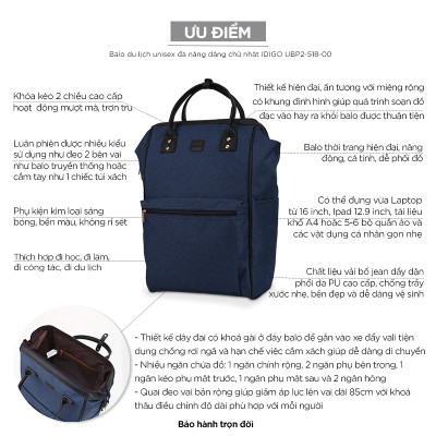 Balo đựng laptop 16 inch IDIGO UBP2 - 518, Ba lô du lịch nam nữ đa năng dáng chữ nhật
