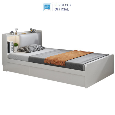 Giường Gỗ Đơn Dài 1.2m Phối Đèn LED và 3 Ngăn Kéo Màu Trắng SIB Decor GN14