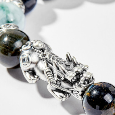 Vòng Tay Phong Thủy Nam Đá Mắt Hổ Xanh Đen Mix Đá Cẩm Thạch Phỉ Thúy Phối Charm Tỳ Hưu Bạc (12mm) Mệnh Thủy, Mộc Ngọc Quý Gemstones