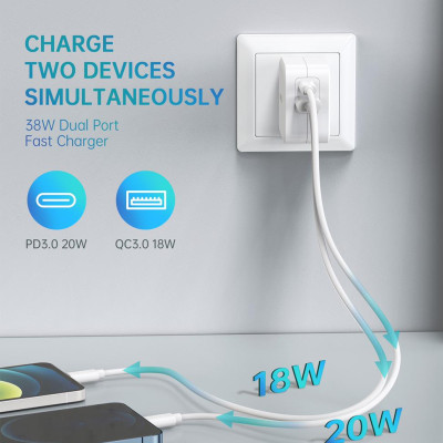 Adapter Củ Sạc 38W CHOETECH PD5002 USB-A Quick Charge 3.0, USB Type C PD 20W - Hàng Chính Hãng