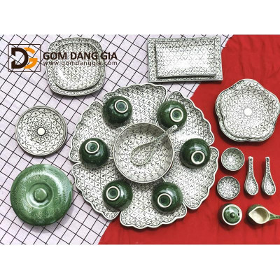 Bộ đồ ăn mặt trời + phụ kiện Bát Tràng vẽ tay khắc hoa men lục bảo S6