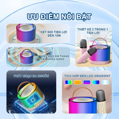 Loa Bluetooth Mini Karaoke Không Dây, Kèm 2 Mic, Âm Thanh Sống Động, Đèn LED 16 Màu - HÀNG CHÍNH HÃNG MINIIN