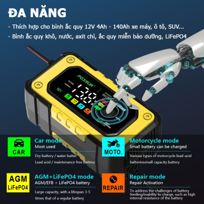 Sạc bình ắc quy Foxsur 7A 12V(4Ah - 140Ah)sạc cho cả pin LiFePO4 tự ngắt khử sunfat chống ngược cực chống chập