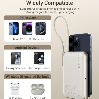 Pin sạc dự phòng Choetech B735 Mag-safe kèm chân đỡ và tích hợp dây cáp sạc Type C công suất 20w dung lượng 10000mAh (hàng chính hãng)