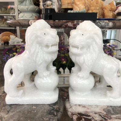 Cặp Sư Tử phong thủy đá cẩm thạch trắng - Cao 30 cm