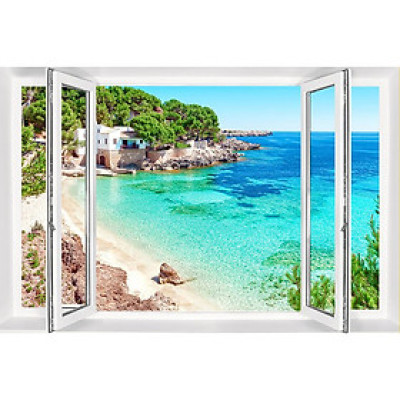 Tranh dán tường 3D cửa sổ biển 4 BINBIN tích hợp sẵn keo, dễ dán (IN THEO KÍCH THƯỚC YÊU CẦU)