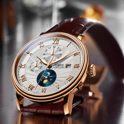 Đồng hồ nam chính hãng LOBINNI Ref.1023-1 (Phiên bản đặc biệt Limited)  Kính sapphire nguyên khối ,chống xước,chống nước 50m,mặt trắng vỏ vàng hồng dây da nâu xịn, thép không gỉ 316L,Đồng hồ cơ (Automatic) bảo hành 24 tháng,thiết kế đơn giản và sang trọng