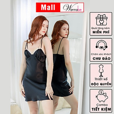 Đầm ngủ lụa WANNABE DNS16 váy ngủ 2 dây đơn giản, nhúng phồng tạo độ to cho cúp ngực giúp bạn trông nữ tính trẻ trung