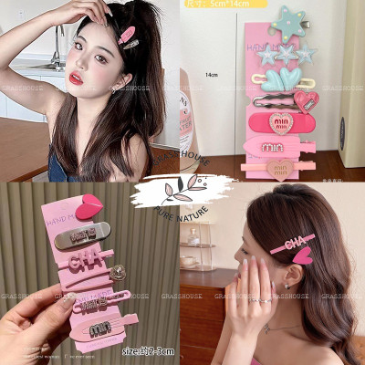 Set kẹp tóc mái Handmade dễ thương 6pcs/vỉ chữ Min/ CHA/ Wang/ Hình Trái TIm