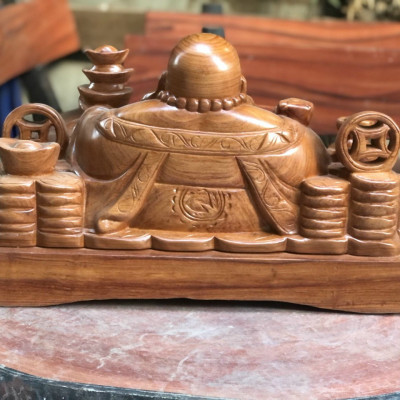 Tượng phật di lặc dâng tiền vàng bằng gỗ hương đá kt 60×32×27cm