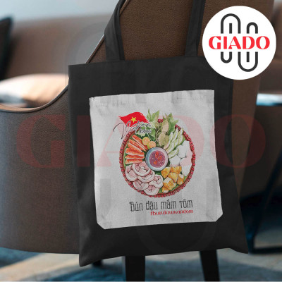 Túi canvas GIADO, túi canvas đen, túi tote in hình món ăn Việt Nam mẫu Bún đậu mắm tôm