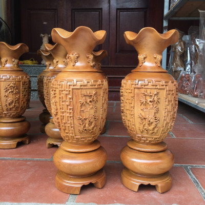 Cặp lục bình trạm khắc tứ quý phong thủy hút tài lộc ,bằng gỗ bách xanh thơm nức kt cao30×10cm