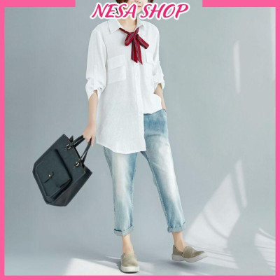Áo sơ mi nữ trắng dài tay, áo form rộng, chất liệu Đũi tơ mềm mịn, sơ mi nữ đẹp phong cách Hàn Quốc NeSa Shop AKH.47
