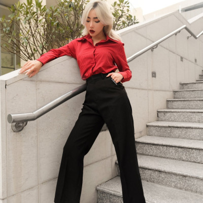 Áo somi giấu nút sọc đỏ