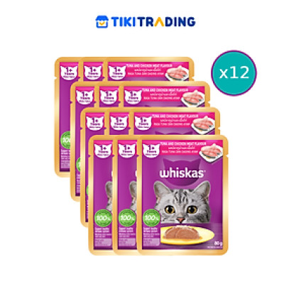 [Combo 12 Gói] Thức Ăn Cho Mèo WHISKAS 1+ years Vị Cá Ngừ, Gà 80g/Gói