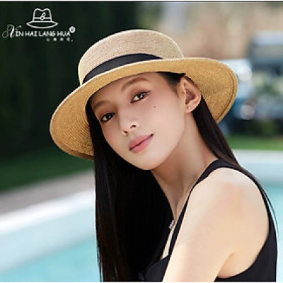 Nón vành nhỏ fedora chất liệu cói mũ rộng vành đi biển phối nơ đai đen thời trang Hàn Quốc Chất liệu cói thoáng mát Kích thước vành rộng 5cm