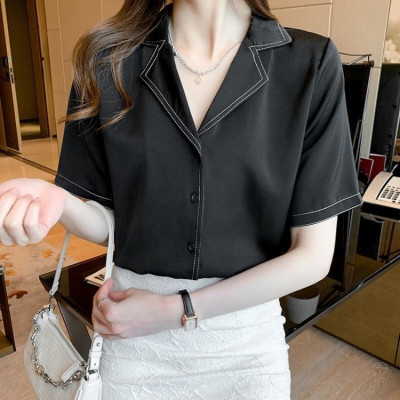 Áo sơ mi nữ kiểu tay ngắn cổ vest form rộng phối viền chỉ kiểu mới Hàn Quốc thời trang PONIVA Cao Cấp Mềm Mịn Thoáng Mát