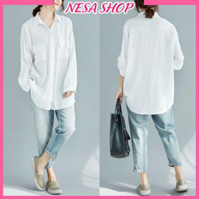 Áo sơ mi nữ trắng dài tay, áo form rộng, chất liệu Đũi tơ mềm mịn, sơ mi nữ đẹp phong cách Hàn Quốc NeSa Shop AKH.47