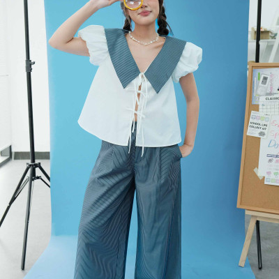 DOTTIE - Áo kiểu tay phồng phối vải - Trắng kem - T1119