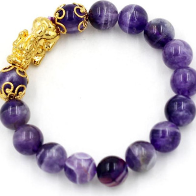 Vòng tay thạch anh tím than 10 ly charm tỳ hưu TH82