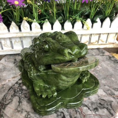 Tượng Cóc 3 Chân, Cóc Ngậm Tiền, Thiềm Thừ phong thủy chiêu tài lộc đá ngọc Ấn Độ - Dài 18 cm