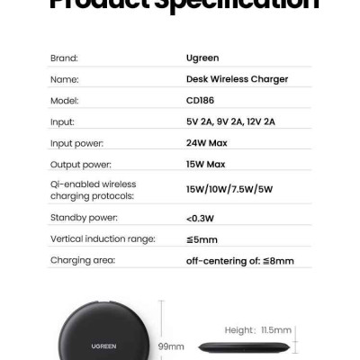 Ugreen UG15112CD186TK 15W kèm cáp USB-C c-c dài 1M Đế sạc không dây hỗ trợ sạc nhanh Màu Đen - HÀNG CHÍNH HÃNG