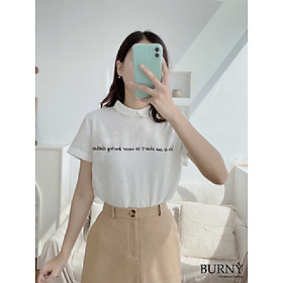 Áo sơ mi nữ ngắn tay màu trắng họa tiết thêu cổ Peter Pan Burny