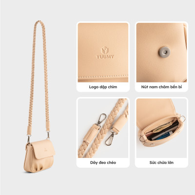 Túi Yuumy ( Thời trang nữ xếp nhún phối nắp gập size 20 - Túi đeo chéo da Seasand YN260 )