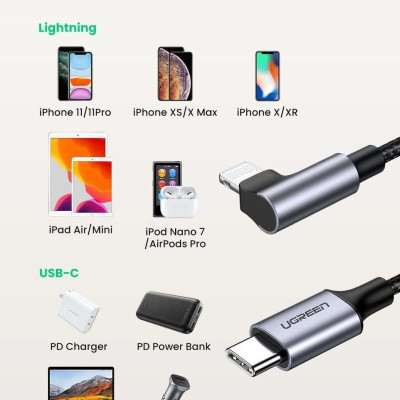 Ugreen UG60763US305TK 1M MFI đầu lightning bẻ 90 độ cáp USB type C ra Lightning bọc nhôm chống nhiễu màu đen - HÀNG CHÍNH HÃNG